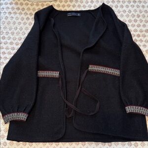 ZARA 100% Wool cardigan jacket sweater tie front folk nordic detail outerwear L